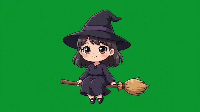 Cute chibi witch flying on a broomstick, cartoon character on green screen background