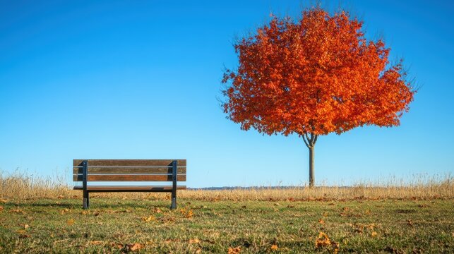 Bench in Colorful autumn Park with city view red,yellow maple trees and blue sky,Autumn forest path,Lawn in autumn city park in Sunny day,Trees with yellow leaves in park,Natural Wallpaper.