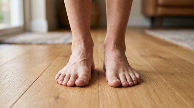 Bare feet standing on a light brown wooden floor indoors