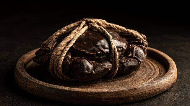 Dark brown tied crab seafood fresh raw crustacean on rustic wooden plate with rough rope isolated on black background closeup side view with dramatic light
