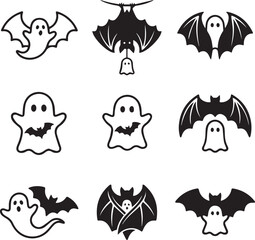 Fototapeta premium Black Halloween bats and ghosts icon set vector