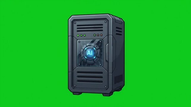 Futuristic AI computer server tower with glowing processor unit on green screen background
