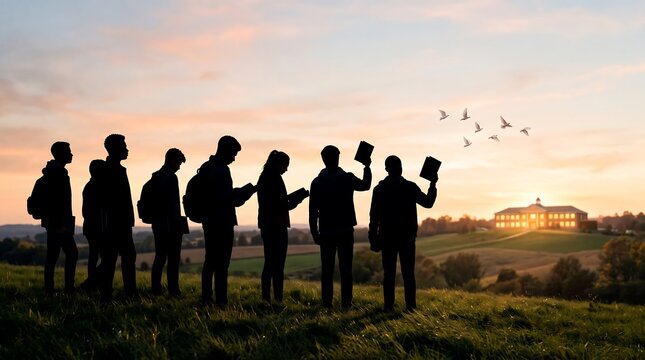 Silhouettes of graduates celebrating on a grassy hill with backpacks, holding books in the air, outdoor scene with setting sun and distant building, group of students forming a line