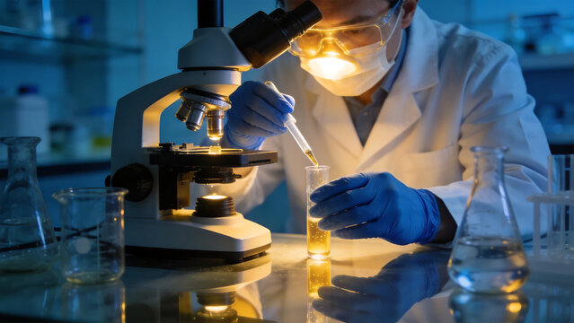 Scientist working with microscope and test tube