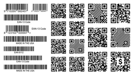 Fototapeta premium Multiple black and white bar codes and square matrix grid patterns for digital tracking technology