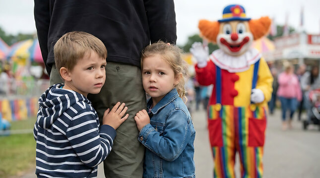 Two young children hiding behind their fathers legs at a carnival with a clown in the background.