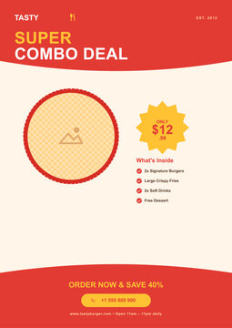Fast food promotion flyer template with burger combo deal and discount badge, A4 vector food offer layout for restaurant marketing