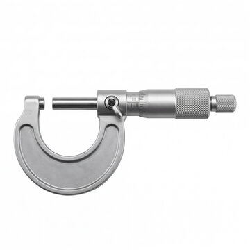 Generic satin chrome mechanical outside micrometer with knurled ratchet thimble isolated on white.