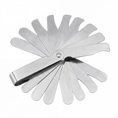 Generic precision stainless steel folding concave and convex radius arc gauge set isolated on white.