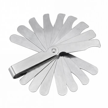 Generic precision stainless steel folding concave and convex radius arc gauge set isolated on white.