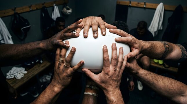 Diverse rugby team joining hands over a ball in a dark locker room locker