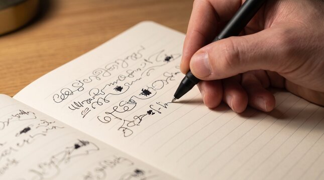 Hand writing notes with a black pen in a lined notebook on a wooden desk