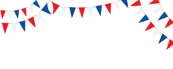 Fototapeta premium Slovakia inspired red, white and blue triangle flag garland isolated for patriotic events, festival decoration, invitations, cards, posters and banners.