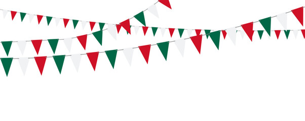 Obraz premium Festive Mexico inspired bunting with green, white and red pennants on a string for fiesta cards, invitations, banners and celebration posters.