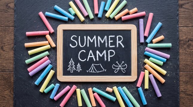 Colorful Summer Camp Chalkboard Surrounded by Bright Pastel Chalk