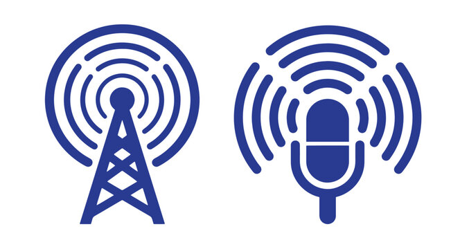 Blue radio tower and microphone broadcasting vector icons with radio wave microphone broadcasting transmission communication illustration