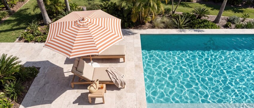 Orange Striped Beach Umbrella Beside Clear Blue Swimming Pool