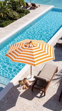 Orange Striped Beach Umbrella Beside Clear Blue Swimming Pool