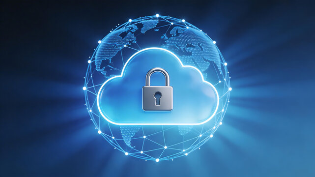 Cloud security globe with lock