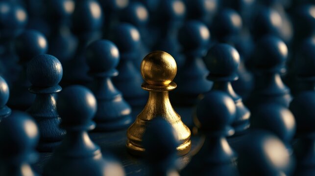 Shiny golden chess pawn standing out among many matte black pawns symbolizing leadership uniqueness and distinction in competitive environment with dramatic lighting