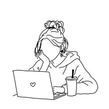 Minimalist line art  of a business woman or college student working on a laptop with a cup of coffee.