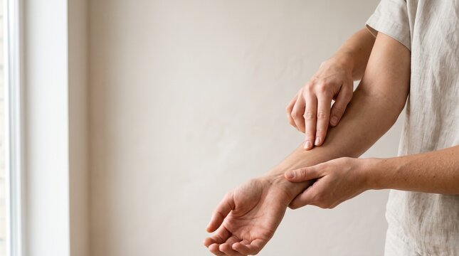 Person checking pulse rate on wrist inside bright room