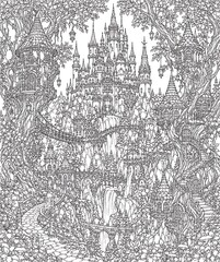 Naklejka premium enchanted forest castle, enchanted kingdom, fantasy castle, magical forest, forest kingdom, fairy tale castle, fantasy fortress, mystical castle, woodland castle, ancient castle, magical kingdom, fant