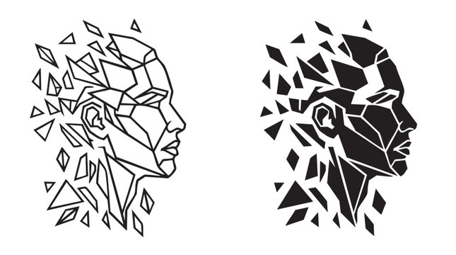 Human head profile shattering into geometric shards and fragments.