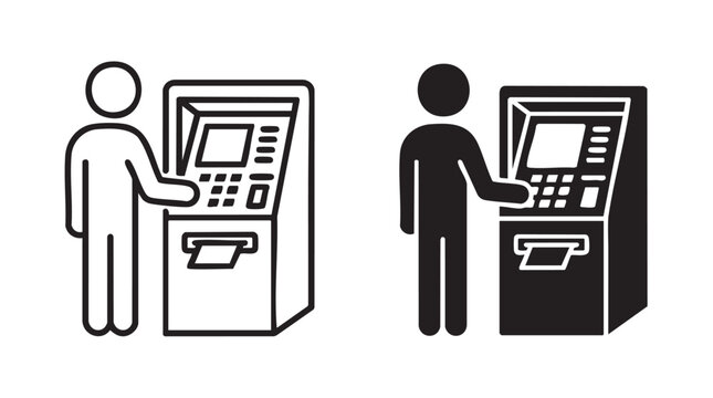 Person using ATM machine icon set for financial design.