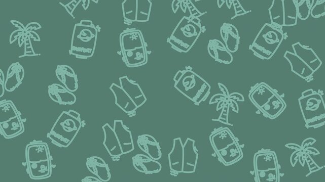 Design with palm trees, flip flops, water bottles, life jackets forming a cute pattern on a green background. Perfect for vacationthemed graphics.