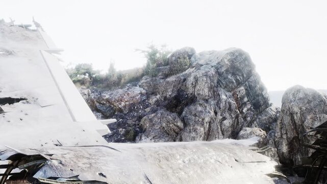 The scene shows rocks and debris in a remote area. Signs of erosion are visible on the surface. This rocky terrain is surrounded by limited vegetation and an open sky.