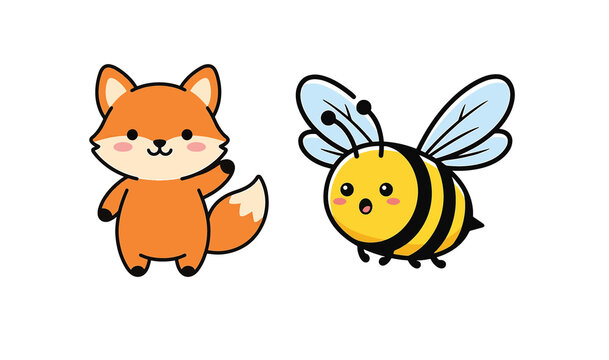 Cute kawaii fox and cute bee cartoon characters with happy expressions
