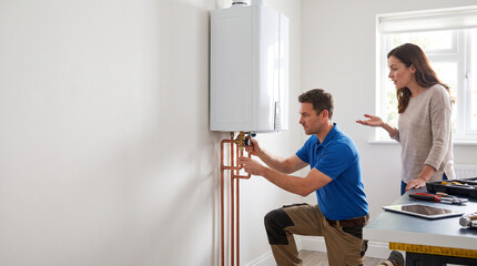Fototapeta premium Plumber inspects residential tankless water heater as homeowner asks questions, illustrating plumbing service, home maintenance, repair evaluation and utility room consultation.
