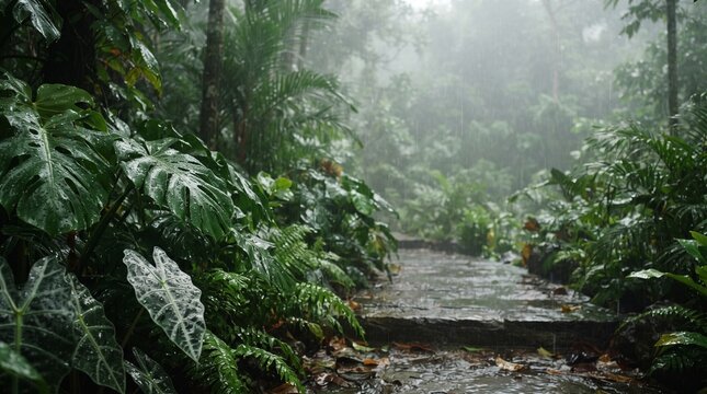 Rain falling on tropical leaves in a misty jungle with a wet stone path surrounded by lush green monstera plants and dense foliage