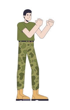 Soldier standing in defensive fighting stance with raised fists 2D cartoon character. Military drill. Army recruit tactical training flat vector person isolated on white. Colorful spot illustration