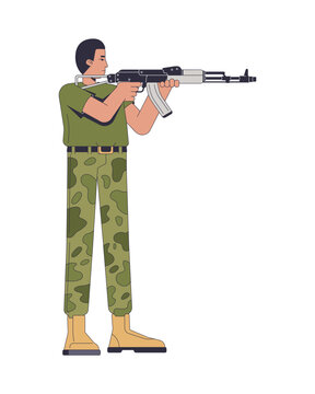 African american soldier aiming assault rifle 2D cartoon character. Combat readiness. Army infantryman standing in firing position flat vector person isolated on white. Colorful spot illustration