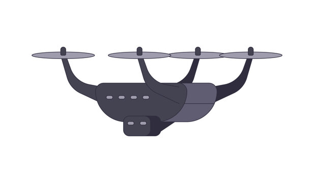 Military reconnaissance drone 2D cartoon clip art. Aerial surveillance technology. Remote control aircraft. UAV with quad rotors isolated flat vector element on white background. Spot illustration