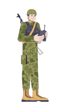 Soldier operating remote controller 2D cartoon character. Infantryman in tactical gear holding radio transmitter with antenna flat vector person isolated on white. Colorful spot illustration