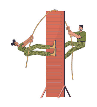 Two soldiers climbing rope on obstacle wall during physical training 2D cartoon characters. Military bootcamp. Army recruits fitness flat vector people isolated on white. Colorful spot illustration
