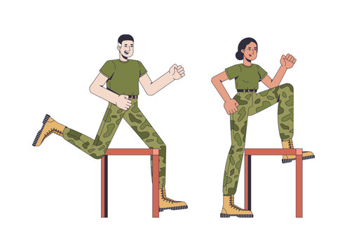 Male and female soldiers leaping over hurdle barriers 2D cartoon characters. Military obstacle drill. Army recruits physical training flat vector people isolated on white. Colorful spot illustration