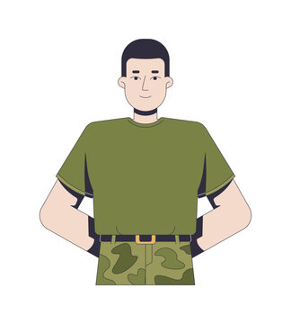 Soldier standing at ease with hands behind back 2D cartoon character. Infantry recruit. Military personnel in camouflage trousers flat vector person isolated on white. Colorful spot illustration