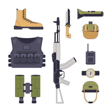 Military equipment 2D cartoon clip art set. Assault rifle. Tactical vest. Combat boot. Soldier accessories. Army gear isolated flat vector elements on white background. Spot illustration pack