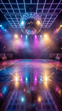 A dazzling disco ball hangs in the center of an empty dance floor, illuminated by vibrant neon lights and swirling colored smoke.