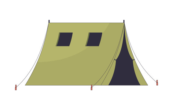 Military field tent secured with ropes and stakes 2D cartoon clip art. Army camping equipment. Tactical shelter outdoor. Bivouac isolated flat vector element on white background. Spot illustration