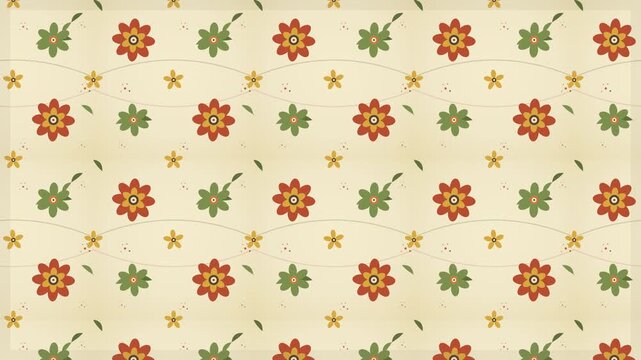Vintage floral pattern with red and green flowers, stars, and curved lines on cream background for fabric design