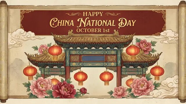 China National Day greeting display on traditional scroll with lanterns and peonies