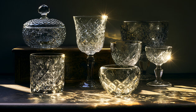 Elegant crystal glassware set with intricate cut patterns, transparent goblets, tumblers and lidded container, arranged on dark wooden table with dramatic golden sunlight reflections