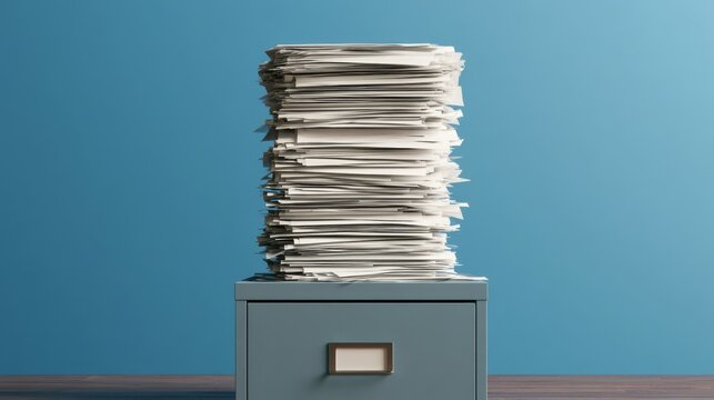 Towering stack of messy white paper sheet pile on light gray metal cabinet against solid blue background symbolizing workload, paperwork, organization challenge, and office clutter