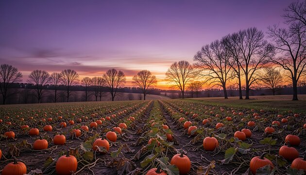 Vast pumpkin patch field with ripe orange pumpkins lined up neatly under a breathtaking purple and orange sunset sky in autumn