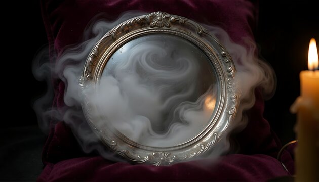 Vintage silver carved mirror surrounded by mystical white smoke resting on deep red velvet with candlelight for fortune telling and magic design